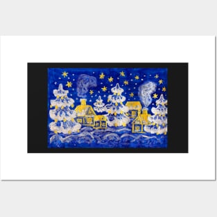 Christmas picture - winter landscape with golden houses and silver fir-trees on blue background Posters and Art